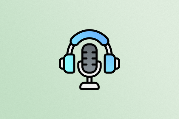 A basic illustration of a microphone and blue headphones on a green background